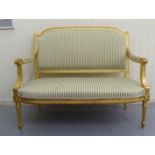 Modern Louis XVI style antique finished gilded showwood framed two person open arm salon settee,