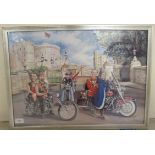 Six Royal Family members outside Windsor Castle, riding motorcycles after work  coloured cartoon