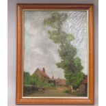 WB Rowe - farm buildings with a figure in the road by the entrance  oil on canvas  bears a signature