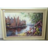 20thC Dutch School - a town canal scene with sailing barges  oil on canvas  bears an indistinct