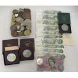 Uncollated coins and banknotes: to include £1 notes, South African, Mexican, Spanish and other coins