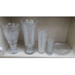 Decoratively etched and cut clear glassware: to include a trumpet design pedestal vase  14"h