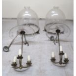 A pair of etched, clear glass pendant lanterns of ovoid form with candle style fittings  15"h