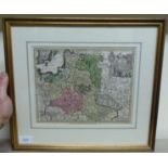 An 18thC coloured map, 'Austria' bears a cartouche & later label verso  7.5" x 9.5"  framed