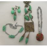Costume jewellery, mainly set with green stones: to include earrings and a pendant