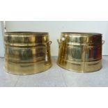 A pair of brass, twin handled log bins of tapered, faux barrel design  15"dia