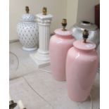 A pair of Italian pink glazed china, baluster vase design table lamps  16"h; and two dissimilar