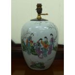 A late 19thC Chinese porcelain vase, converted to a lamp, decorated with female figures, in a garden