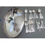 Silver plated tableware: to include an oval serving tray with a pierced galleried border  18"dia