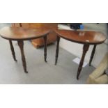 A pair of late Victorian mahogany demi-lune console tables, raised on turned legs and casters  29.