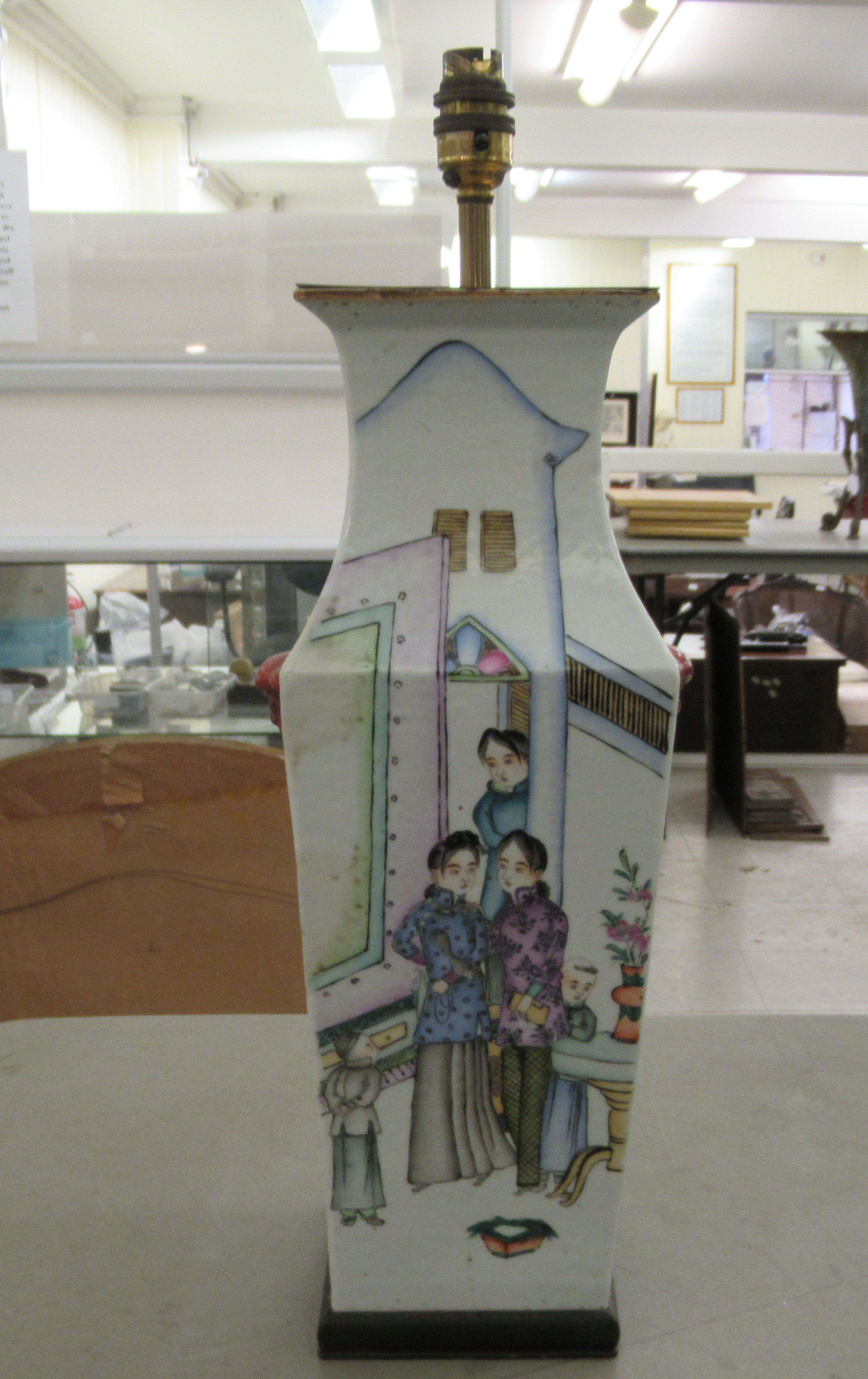 A 20thC Chinese porcelain vase lamp, decorated with figures and characters  17"h - Image 3 of 6