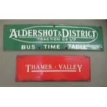 Two vintage enamelled steel signs, viz. Aldershot and District Traction Co bus timetable  3" x 12.