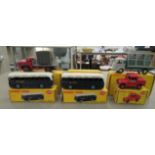 Dinky diecast model vehicles, viz. two 283 BOAC autobus; a 579 Miroitier Simca cargo; a 34B