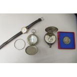 A mixed lot: to include a silver cased pocket watch, faced by an enamelled Roman dial