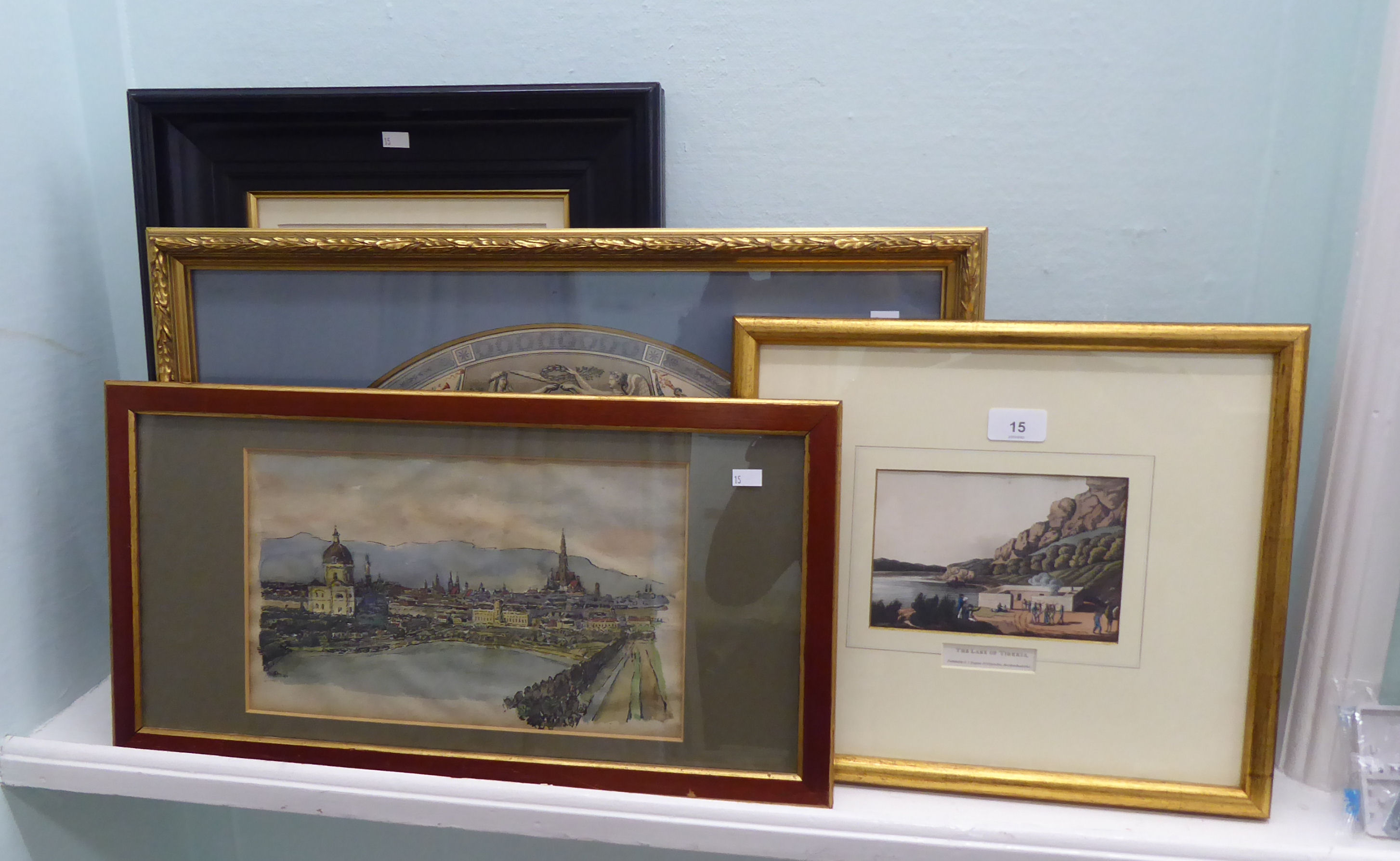 Pictures: to include a late 19thC study - 'The Lake of Tiberia'  print  6" x 9"  framed