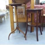 A 19thC style mahogany and marquetry pedestal table, over a turned column, raised on a downswept