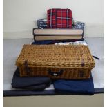 Outdoor items: to include a wicker picnic hamper; and unopened picnic blankets