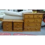 A modern honey coloured pine five drawer dressing chest with bun handles  31"h  32"w; a matching