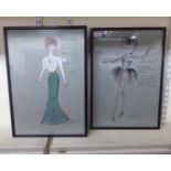 Two costume design sketches  pen & watercolours  bearing indistinct signatures  19" x 13"  framed