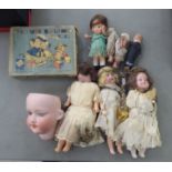 Mixed juvenilia: to include four vintage porcelain head dolls  largest 10"h