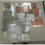 A varied selection of printers' engraved copper and other metal plates with subject matter ranging