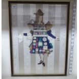 A French study of a standing female figure, wearing colourful clothing  collage  22" x 17"  framed