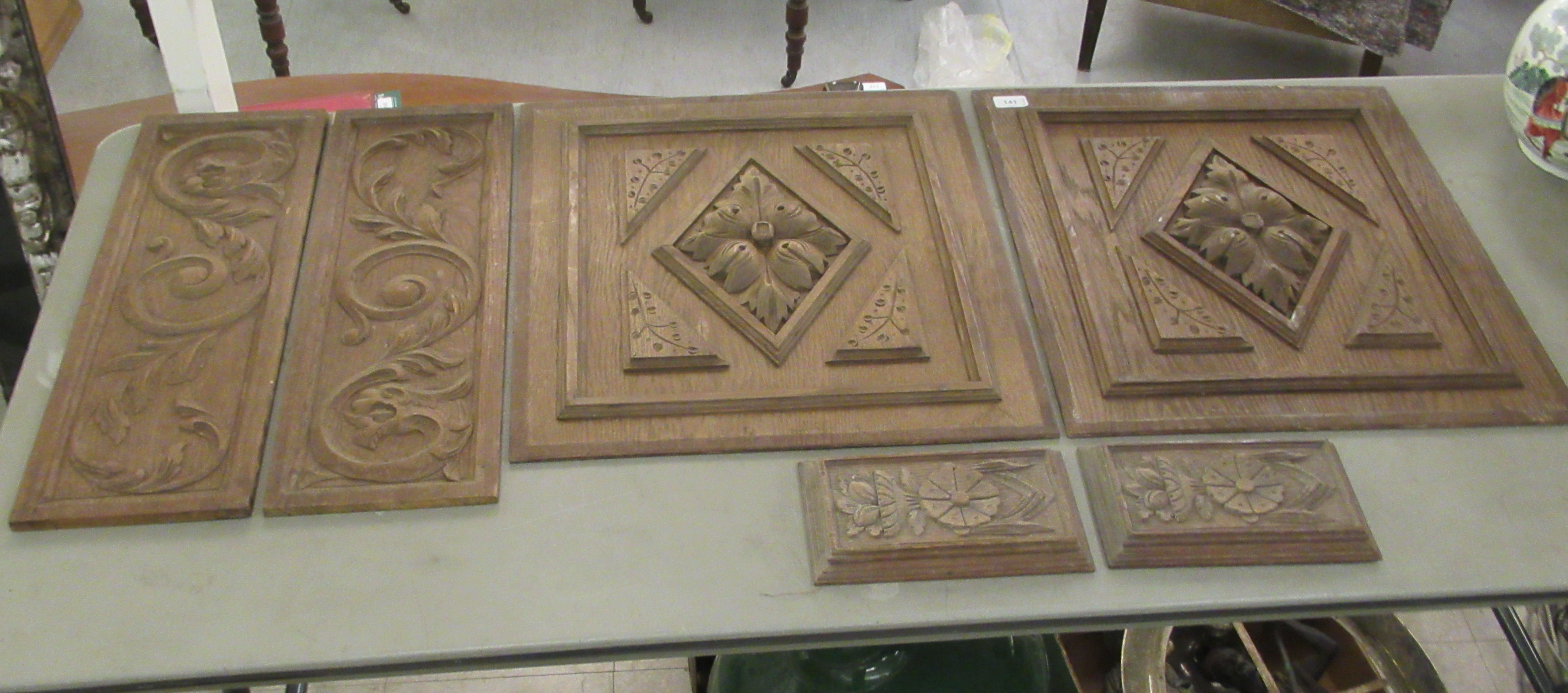 Six late 19th/early 20thC various carved oak furniture panels  largest 20"sq