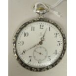 An Omega bi-coloured silver cased pocket watch with niello decoration, the keyless movement faced by