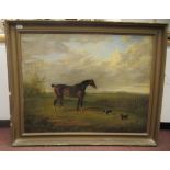 George H.Lapotte - an equestrian study, a standing mare in a landscape with two small dogs  oil on