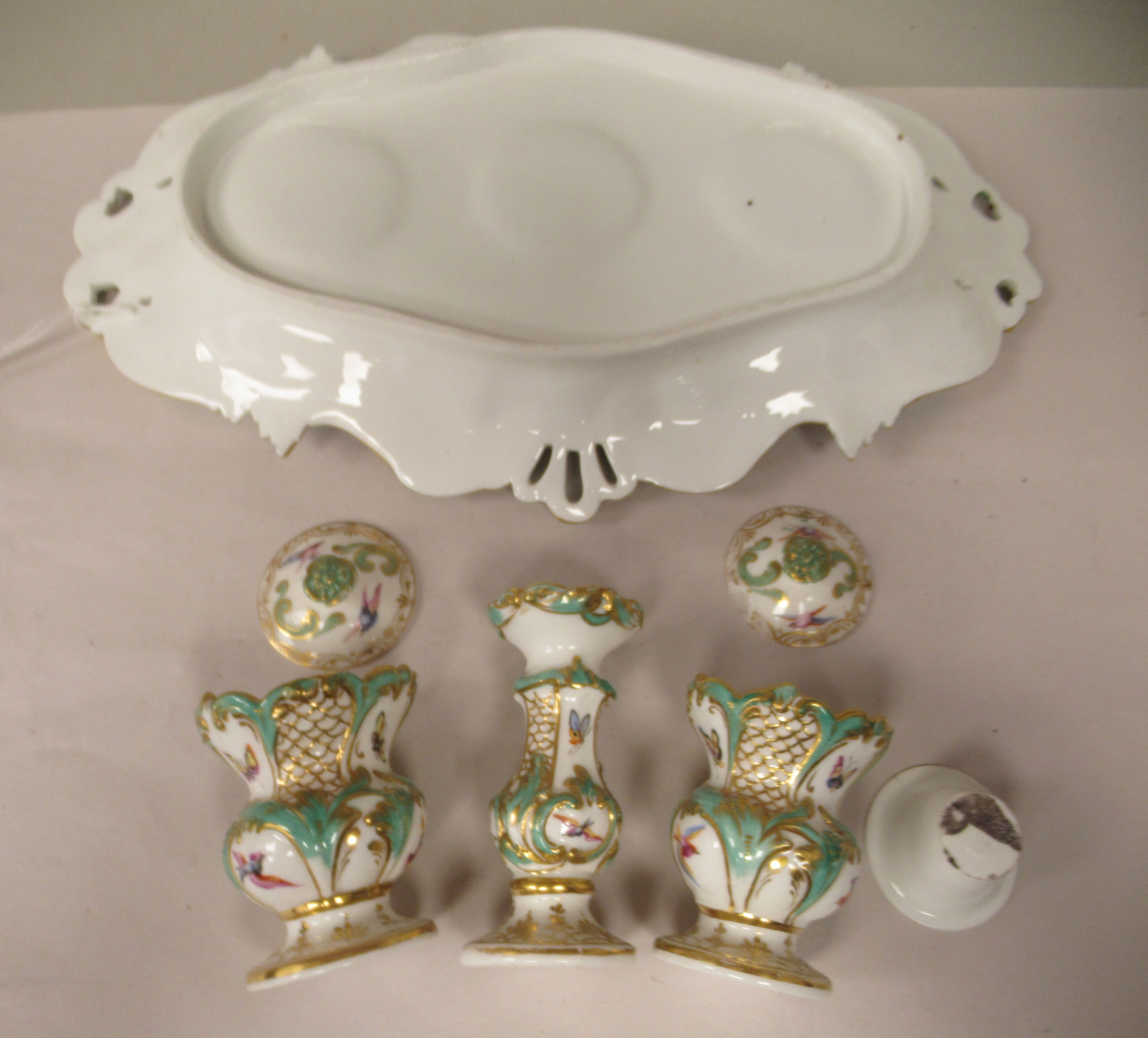 A late 19thC porcelain inkstand, the oval tray having a moulded, pierced and scrolled border and - Image 2 of 5