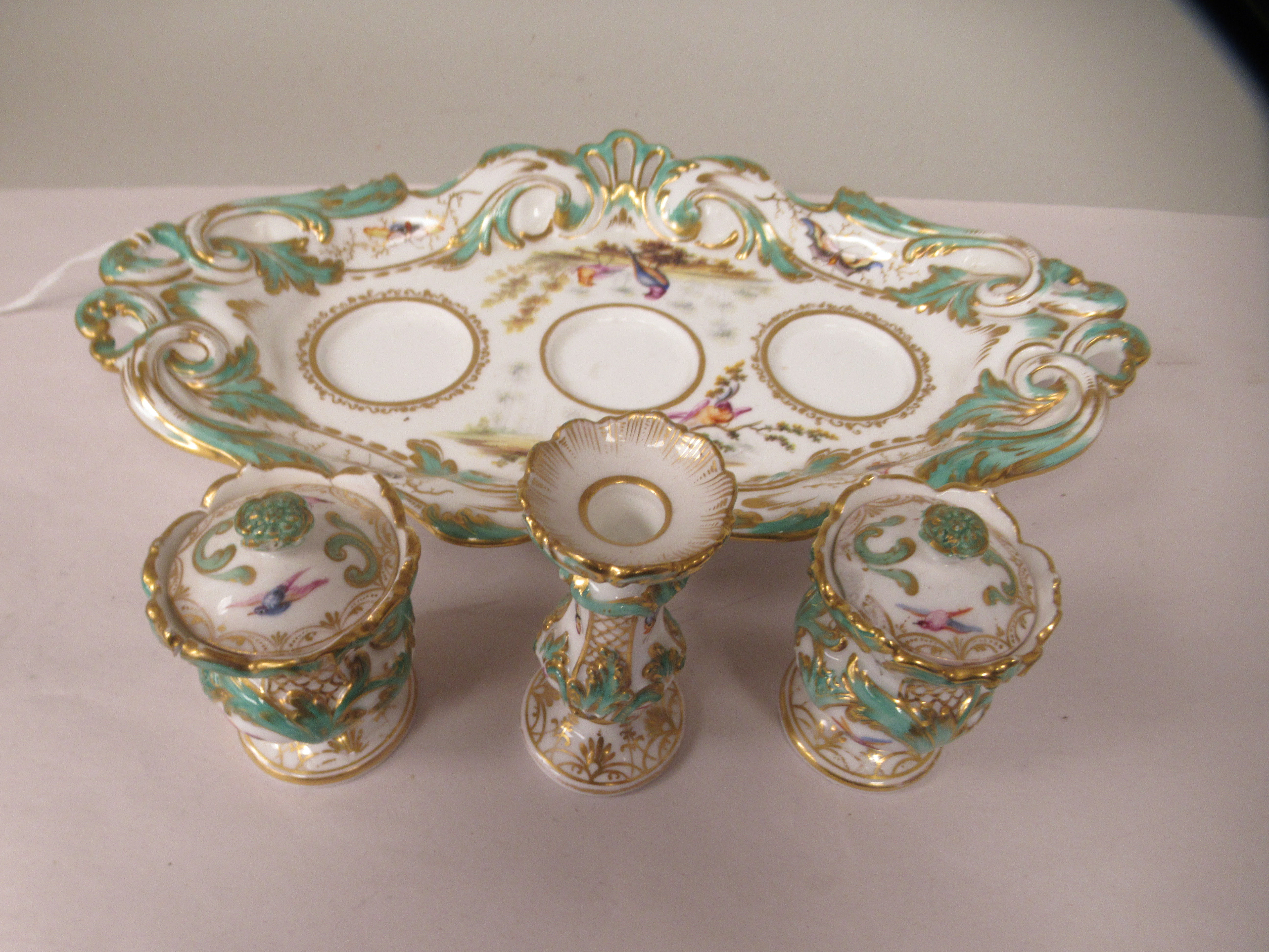 A late 19thC porcelain inkstand, the oval tray having a moulded, pierced and scrolled border and - Image 3 of 5