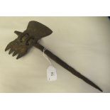 An antique iron axe with part serrated head  13"L overall