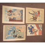 Four 19thC Japanese woodblock prints - figures in various poses  11" x 14"