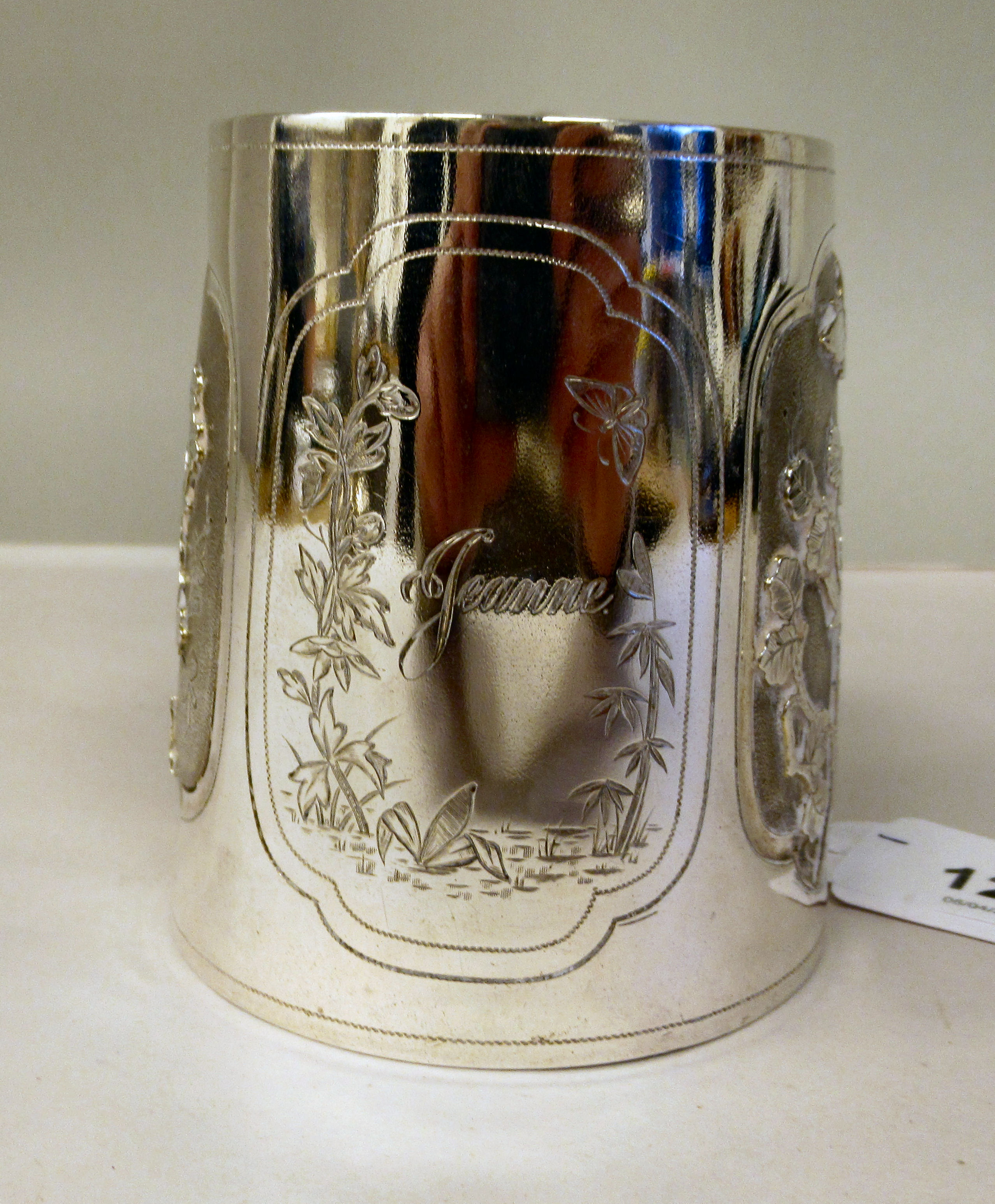 A late Victorian silver half pint Christening mug of tapered form, having a hollow loop handle, cast - Image 2 of 8