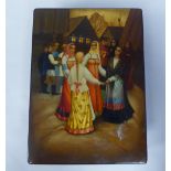 A Russian black lacquered box with straight sides, the hinged lid featuring village women dancing