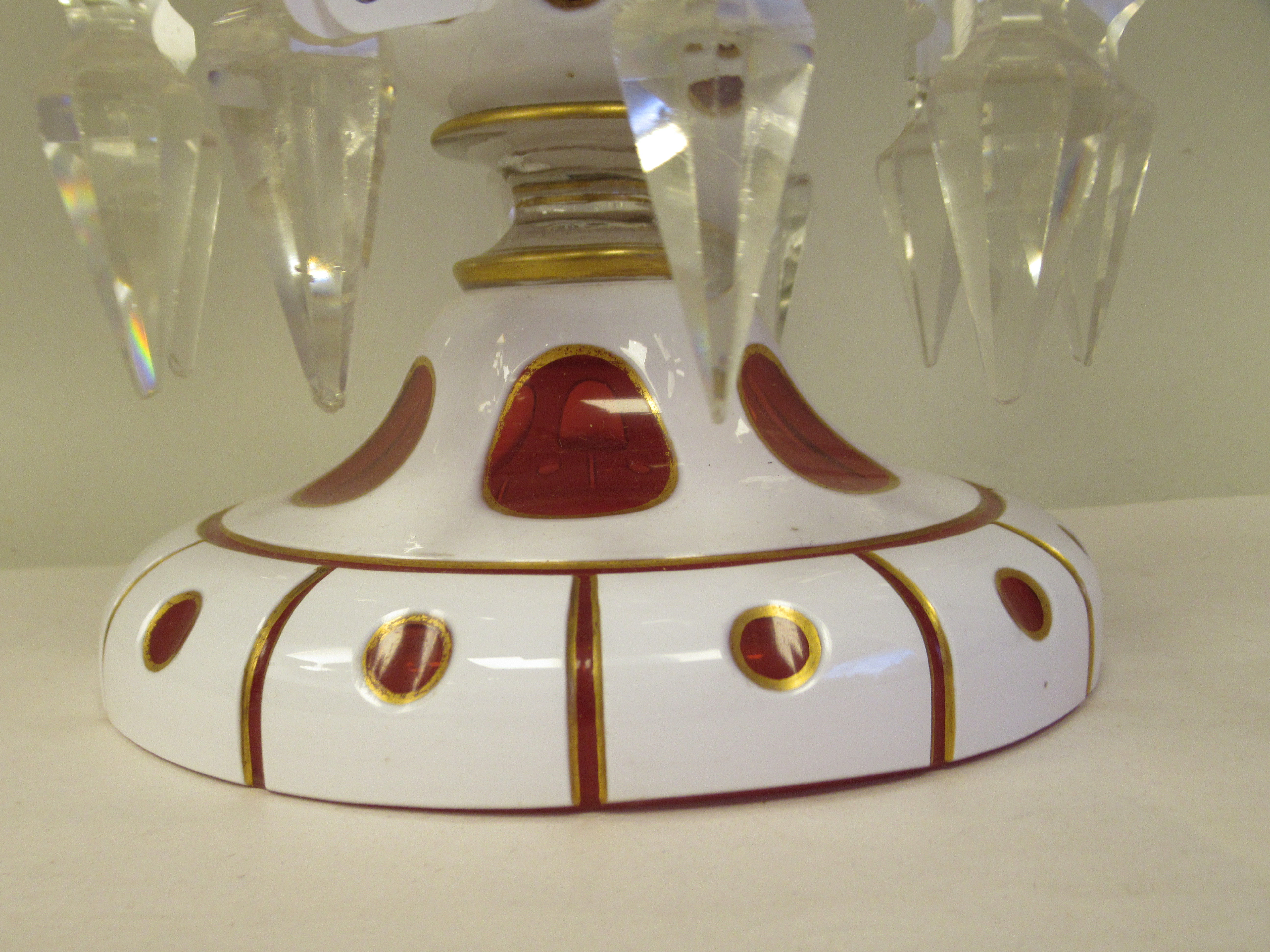 A pair of late 19thC Cranberry and cut-away, part gilded, white glass lustre vases, the bowls with - Image 3 of 6