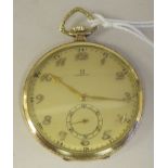 An Omega 14ct gold slim cased pocket watch with engine turned decoration, the keyless movement faced