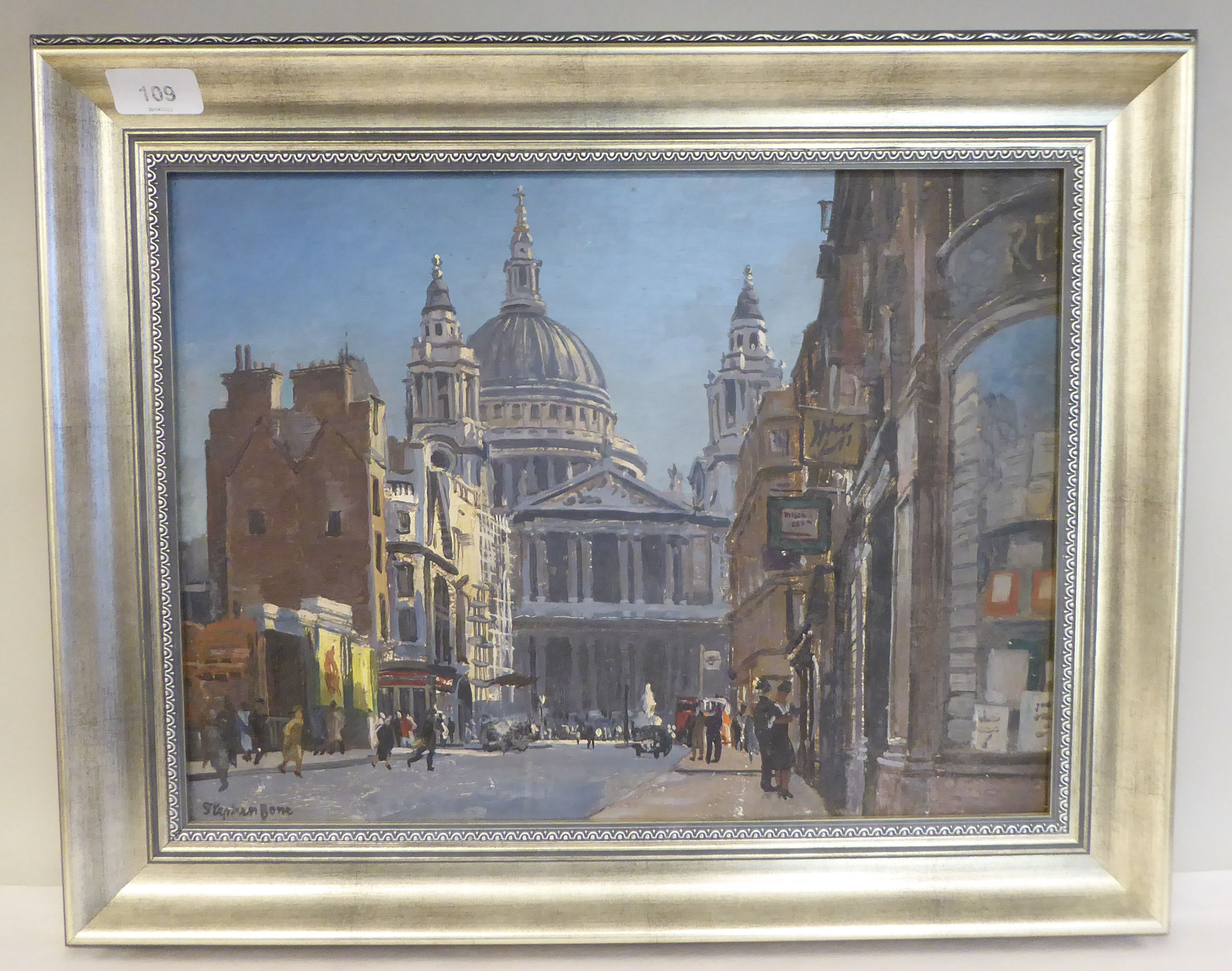 Stephen Bone - a city of London street scene, St. Paul's in the centre ...