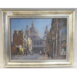 Stephen Bone - a city of London street scene, St. Paul's in the centre ground  oil on board  bears a