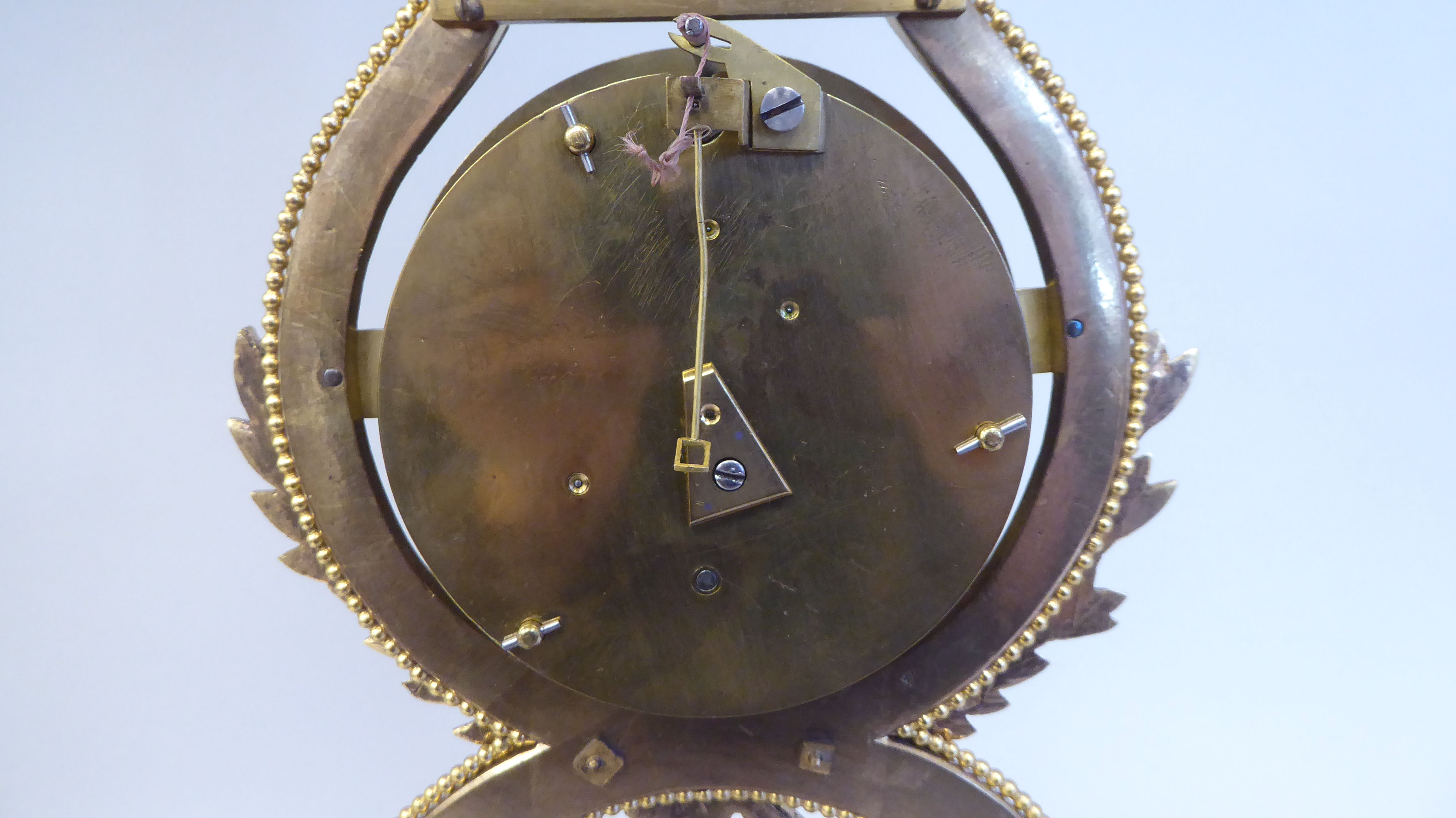 A late 19thC French gilt metal, marble and black slate mantel timepieces of lyre design with a - Image 7 of 12