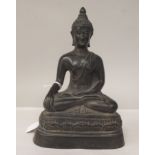 A 19thC cast bronze figure, Buddha, seated cross-legged on a lotus flower base  9"h