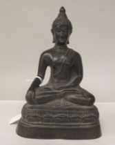 A 19thC cast bronze figure, Buddha, seated cross-legged on a lotus flower base  9"h