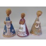 Three Margit Kovacs art pottery standing figures in different poses  5"-6.5"h