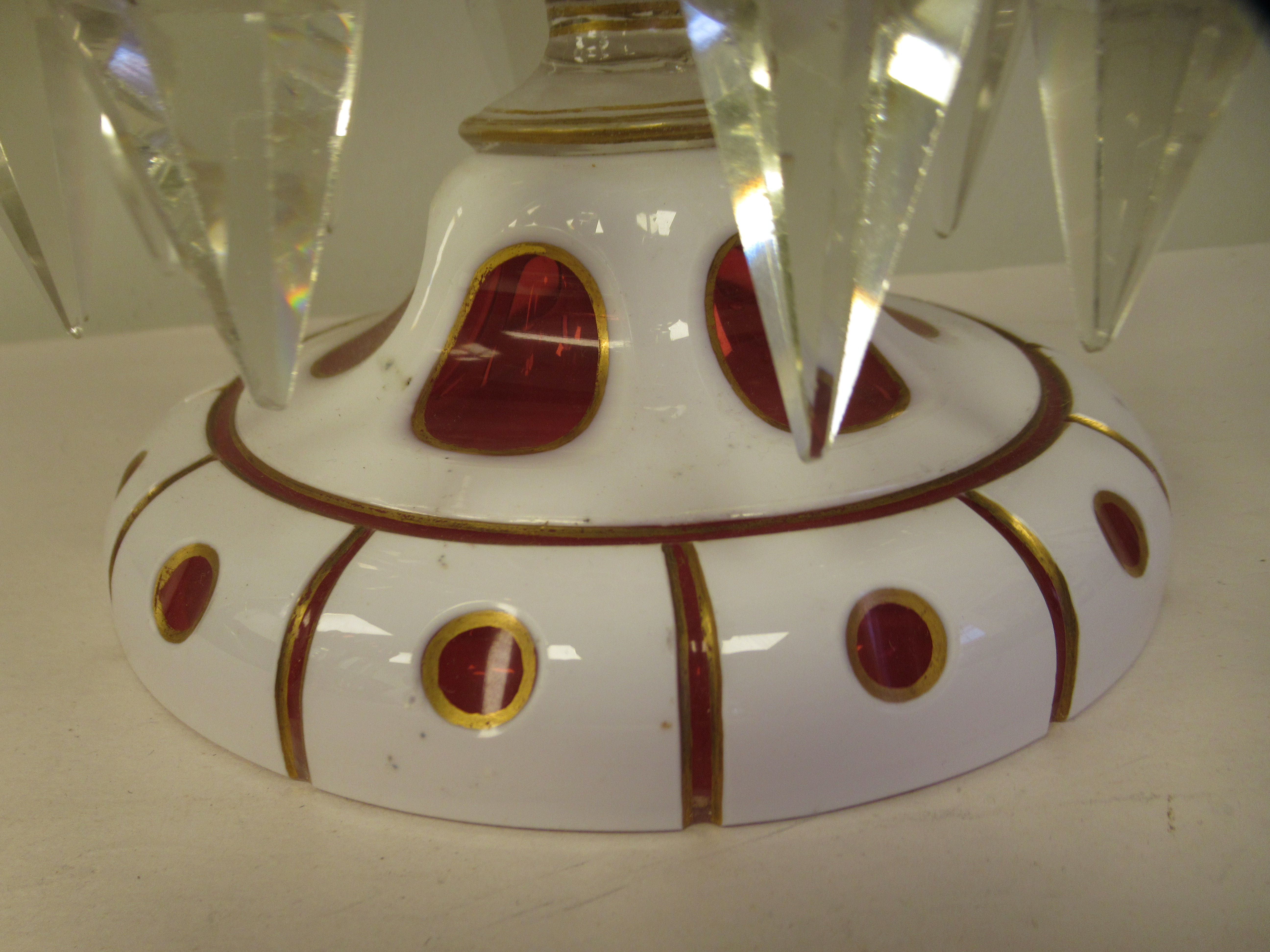 A pair of late 19thC Cranberry and cut-away, part gilded, white glass lustre vases, the bowls with - Image 6 of 6