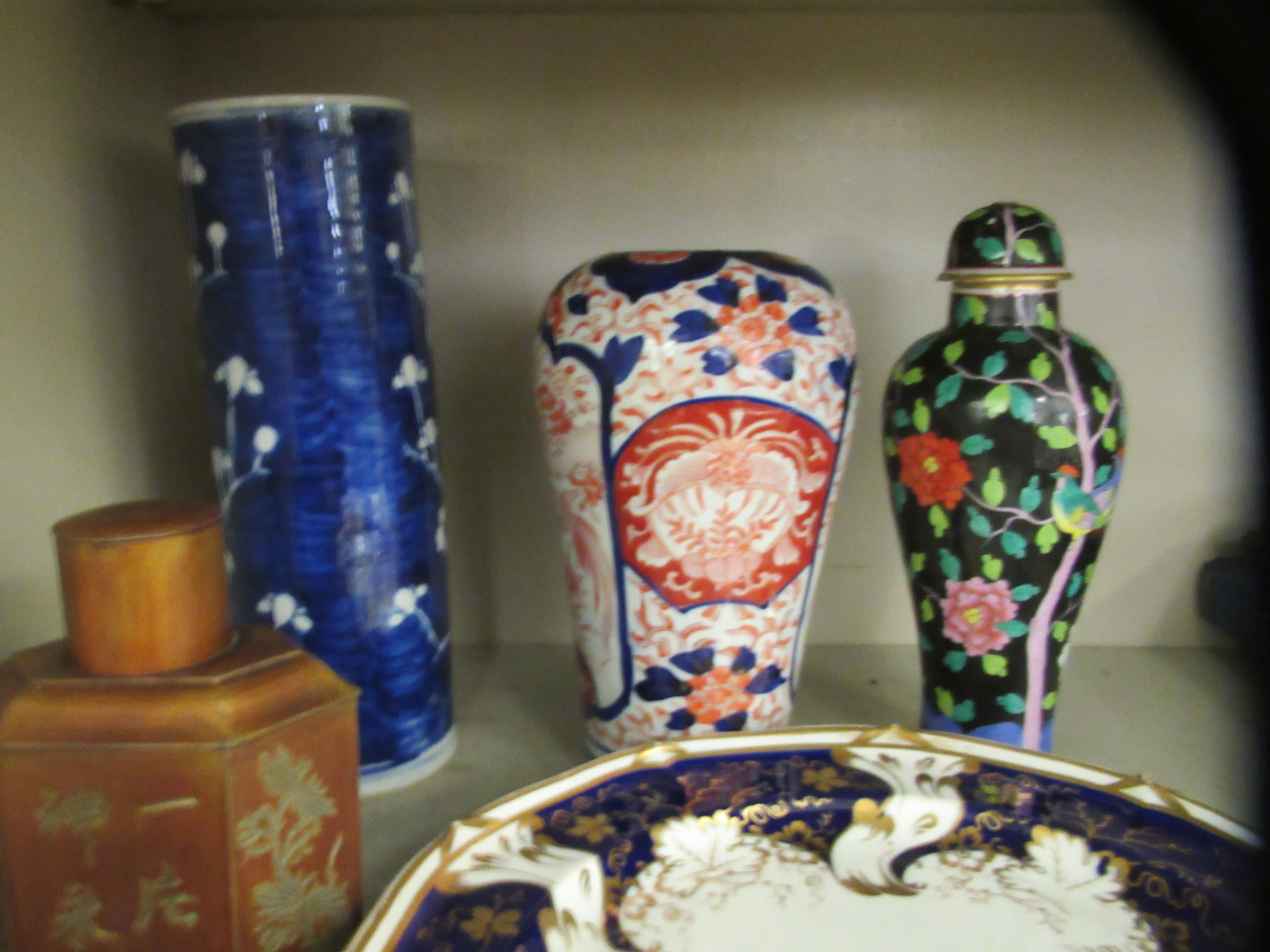 A mixed lot: to include a late 19thC Chinese porcelain Prunus pattern vase of cylindrical form  9"h - Image 2 of 9