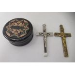 A 19thC variously inlaid pill box; and two later crucifix pendants