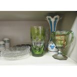 Glassware: to include a late Victorian white and blue cameo vase with a castilated rim  10"h
