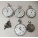 Two pocket watches and three stop watches: to include a Dolmy example