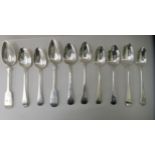 Ten silver and silver plated, variously patterned spoons  mixed marks