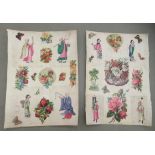 Two early 20thC double sided scrap album page extracts, including Chinese ricepaper watercolours